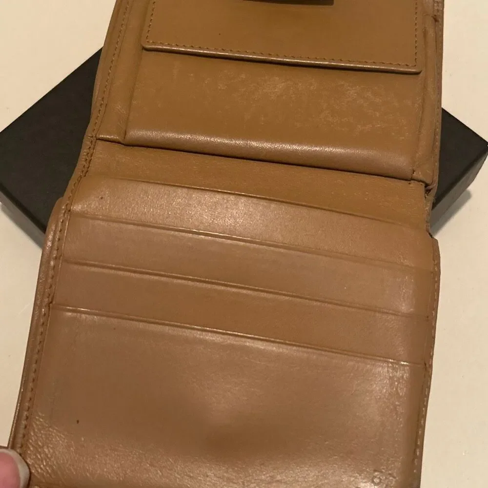 Gucci Compact Bifold Wallet Camel Tan Leather Stripe Flap Neutral Luxury Preppy